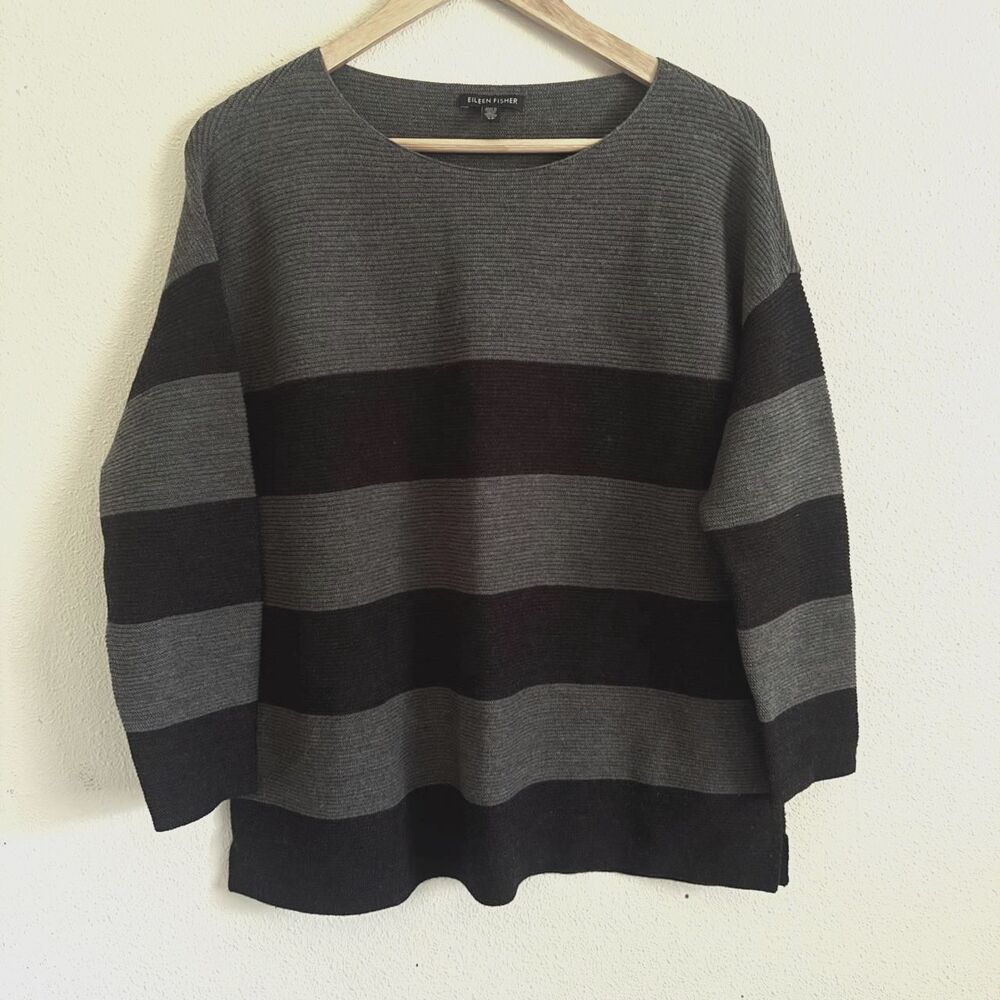 Eileen Fisher Black Grey Stripe Merino Wool Sweater Size Small